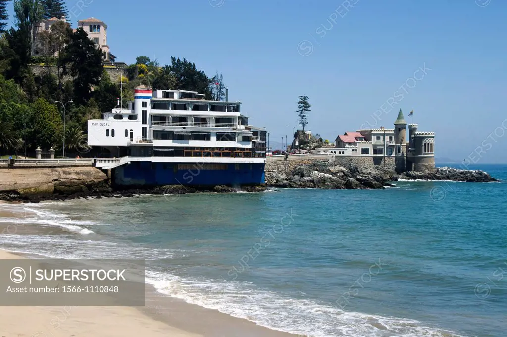 Chile. Viña del Mar city. Waterfront. Castillo hill. Presidential palace and the Castillo Woulff.