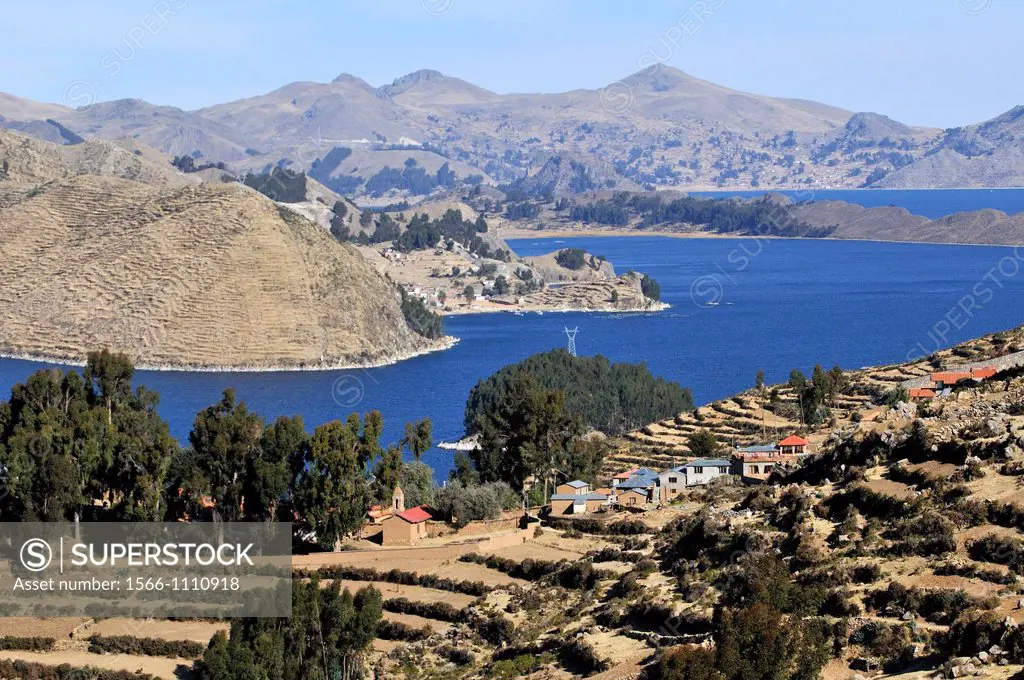 Lake Titicaca from Island of the Sun. Located in the Andes on the border of Peru and Bolivia. It sits 3,811 m (12,500 ft) above sea level, making it t...