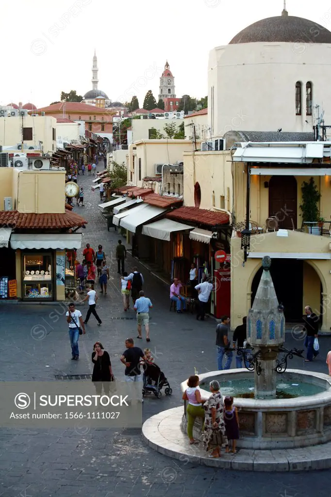 View over Hippocrates square and the castellania building, Rhodes old town, Rhodes, Greece