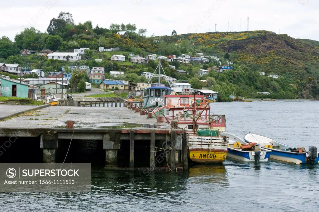 Chile. Chiloe island. Ancud city. Fishing port in the Pudeto river.