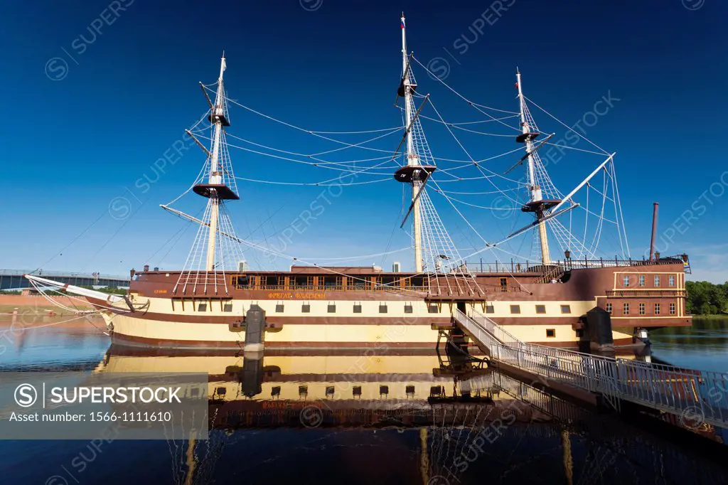 Russia, Novgorod Oblast, Veliky Novgorod, Volkhov River, floating restaurant ship