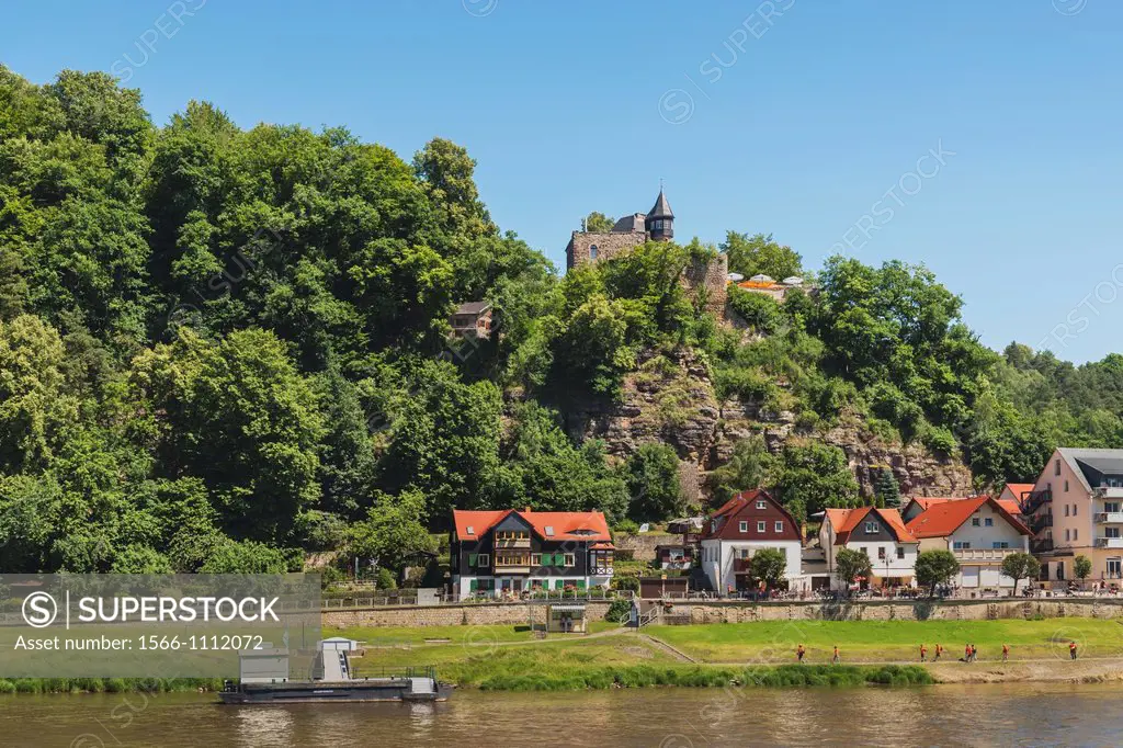 View over the Elbe river to the health resort Rathen Lower Rathen and the castle Altrathen The castle is first mentioned 1289 Rathen is located in the...