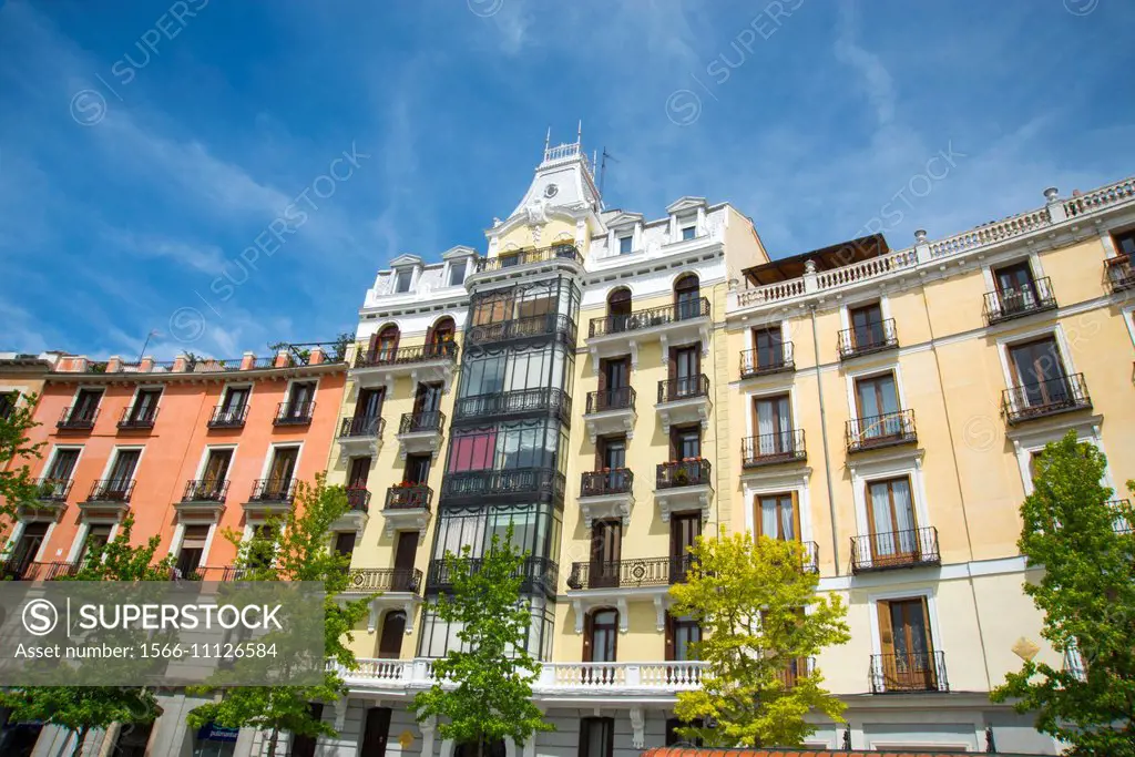 Facades of houses. Oriente Square, Madrid, Spain.