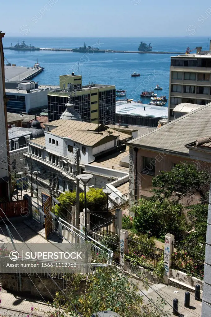 Chile. Valparaiso city. Aerial view of city center and port. World heritage Site.