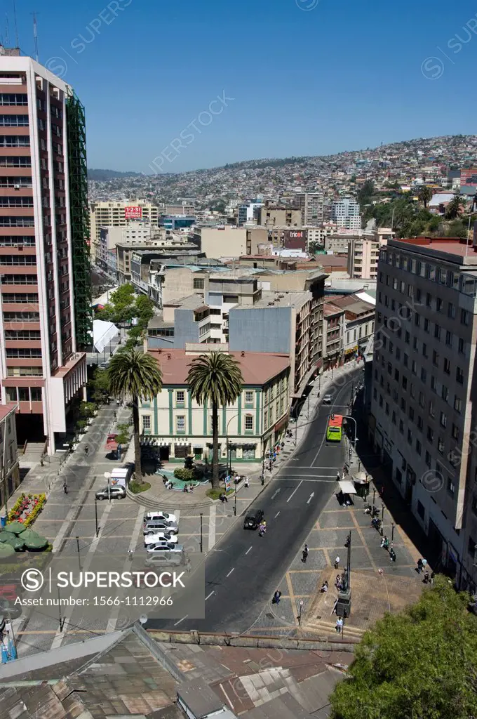 Chile. Valparaiso city. Aerial view of city center. World heritage Site.