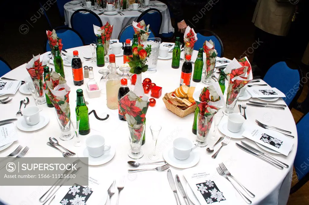 Lovely banquette table setting. Annual Swedish Christmas Julbord at the American Swedish Institute Minneapolis Minnesota MN USA.