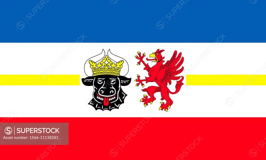 Flag of the German federal state Mecklenburg-Western Pomerania with coat of arms - Caution: For the editorial use only. Not for advertising or other c...