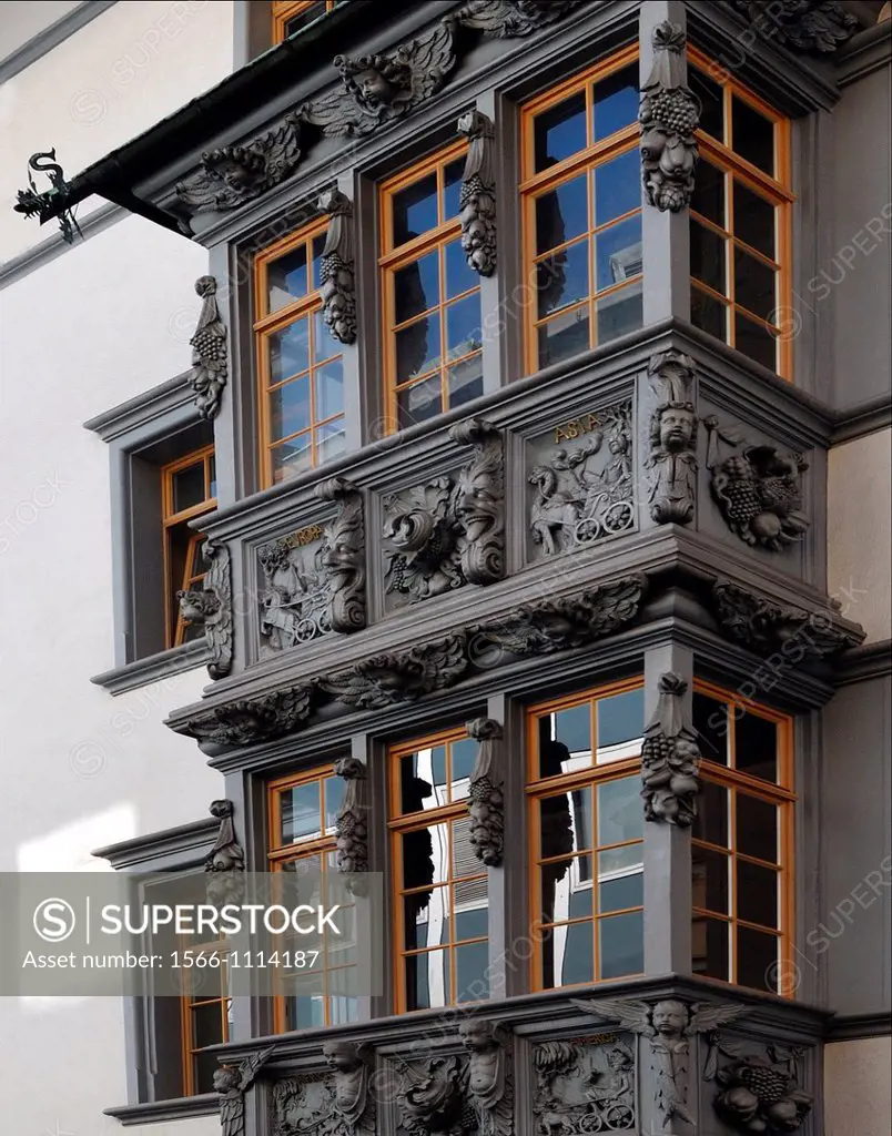 wooden handcrafted window in St Gallen, Switzerland, landmark of Swiss German part of Switzerland architecture
