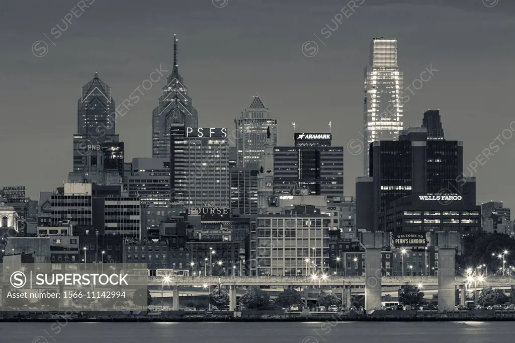 USA, Pennsylvania, Philadelphia, city skyline from Camden New Jersey, dawn.