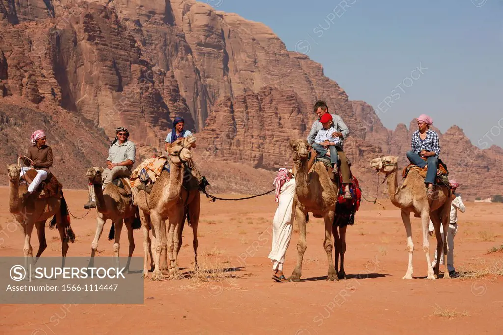 Tourists riding camels in the desert, Wadi Rum, Jordan