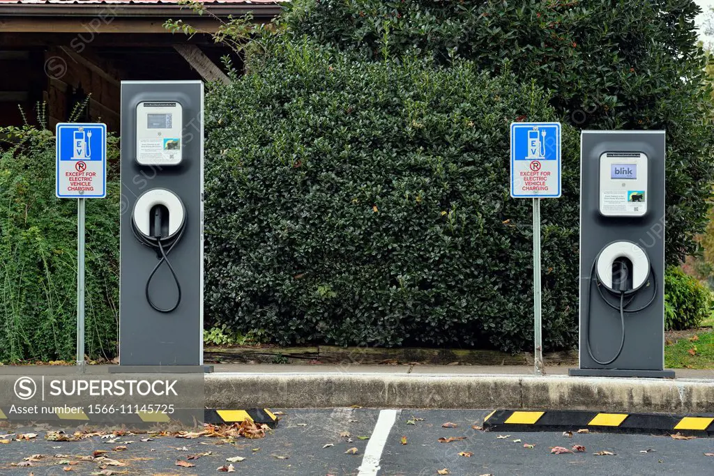 Electric car recharging spaces, Townsend, Tennessee, USA.