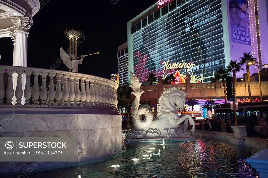Horse statue of Caesers Palace Hotel with Flamingo Hotel in the background