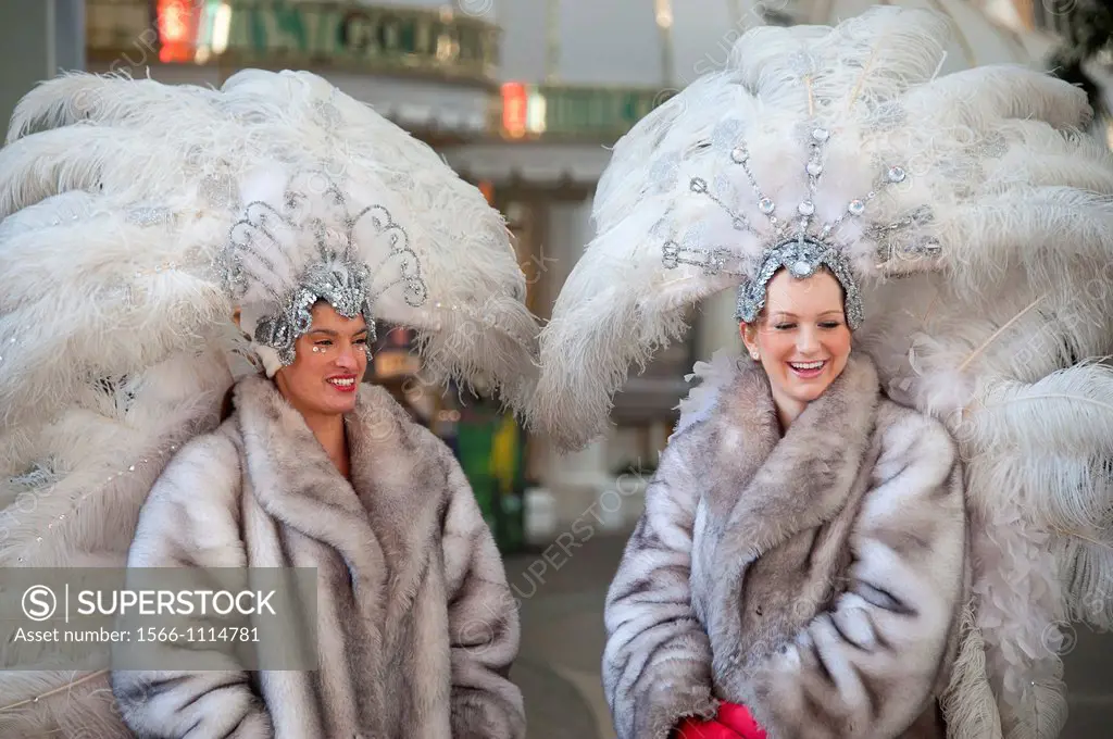 Las Vegas Showgirls in fur coats at winter time