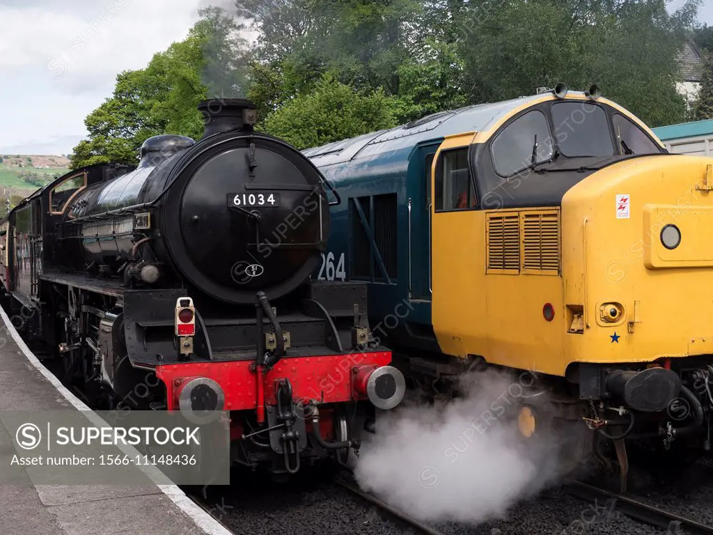 Vintage steam and diesel engines or locomotives at Grosmont station, North Yorkshire Moors Railway, on the North Yorkshire Moors, Yorkshire, UK.