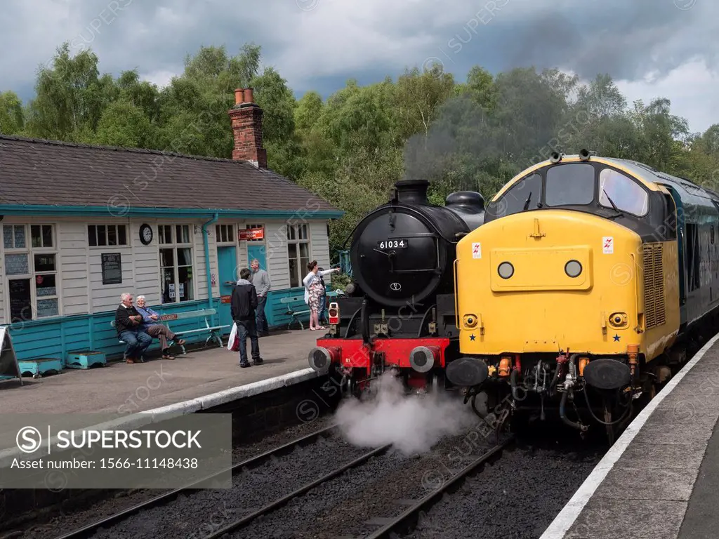 Vintage steam and diesel engines or locomotives at Grosmont station, North Yorkshire Moors Railway, on the North Yorkshire Moors, Yorkshire, UK.