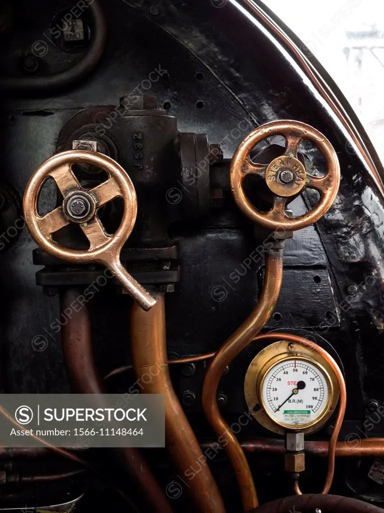 Detail of the controls of a vintage steam engine locomotive, North Yorkshire Moors Railway, on the North Yorkshire Moors, Yorkshire, UK.