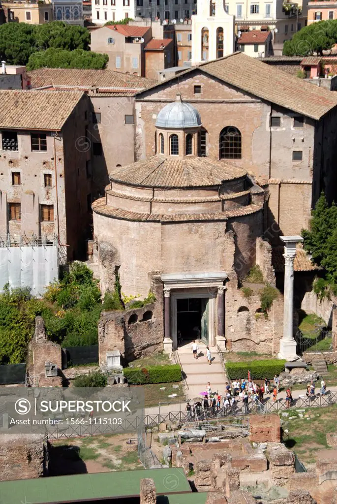 The Temple of Romulus, The basilica of Santi Cosma e Damiano, from the Palatine Hill, The Roman Forum, Campitelli, Rome, Lazio, Italy, Europe