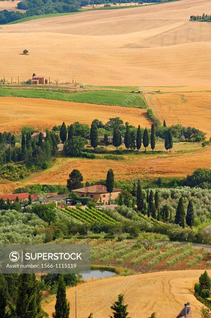 Fields and farmhouses, Tuscany Landscape, UNESCO world heritage site, Val d´Orcia, Pienza, Siena Province, Tuscany, Italy