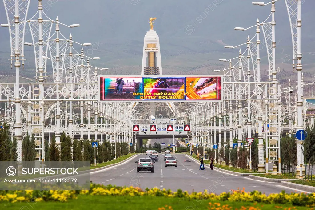 Turkmenistan , Ashgabat City, Main Avenue to the Neutrality Monument.