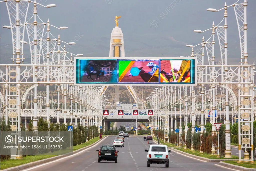 Turkmenistan , Ashgabat City, Main Avenue to the Neutrality Monument.