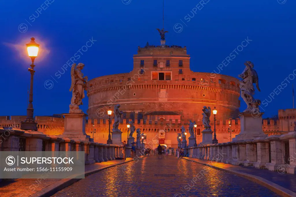 Sant Angelo Bridge, Castel sant Angelo, Sant Angelo Castel at Dusk, Mausoleum of Hadrian, Rome, Lazio, Italy.
