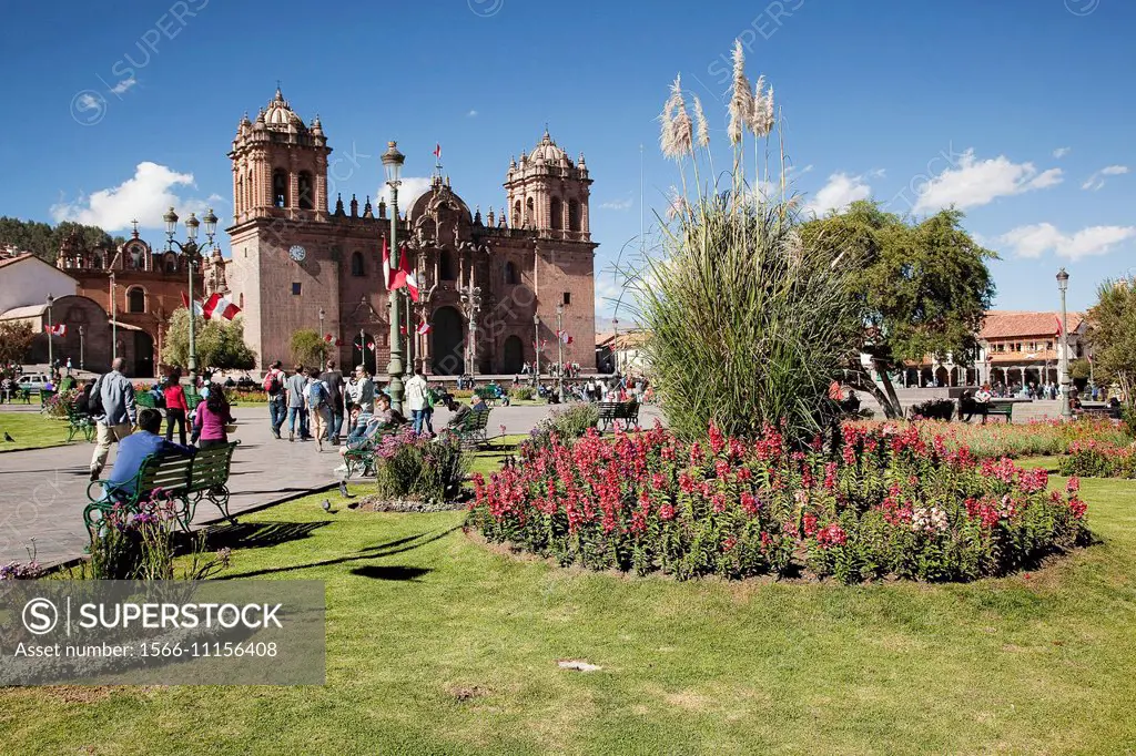 View of Plaza de Armas with Cathedral at the background, Cusco, Peru, South America.