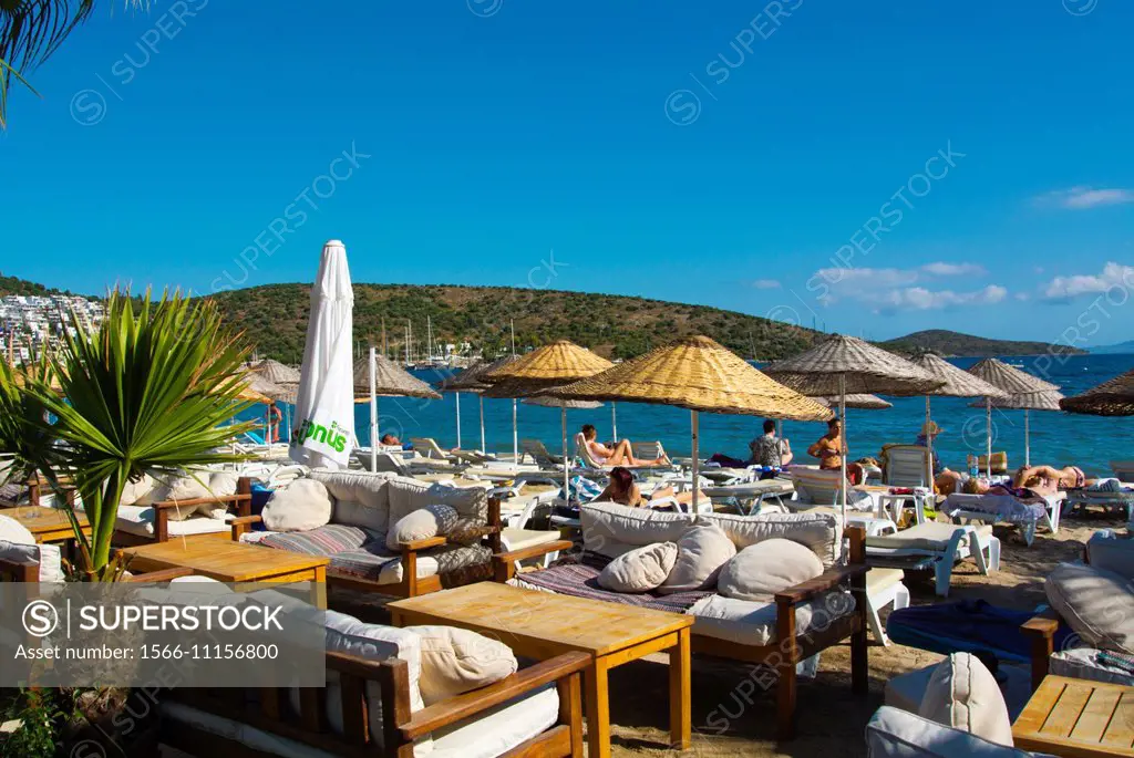 Terrace on the beach, Bitez resort, near Bodrum, Mugla region, western Turkey, Asia Minor.