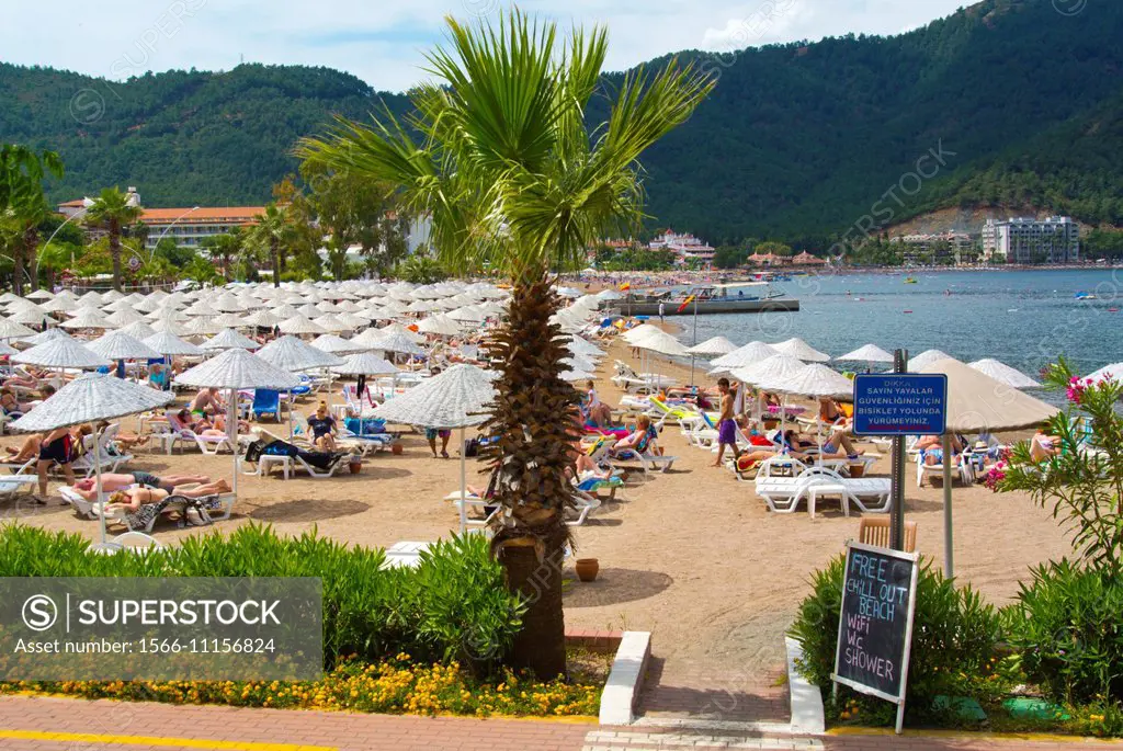 Free beach for a price of a drink, Icmeler resort, near Marmaris, Mugla province, Turkey, Asia Minor.