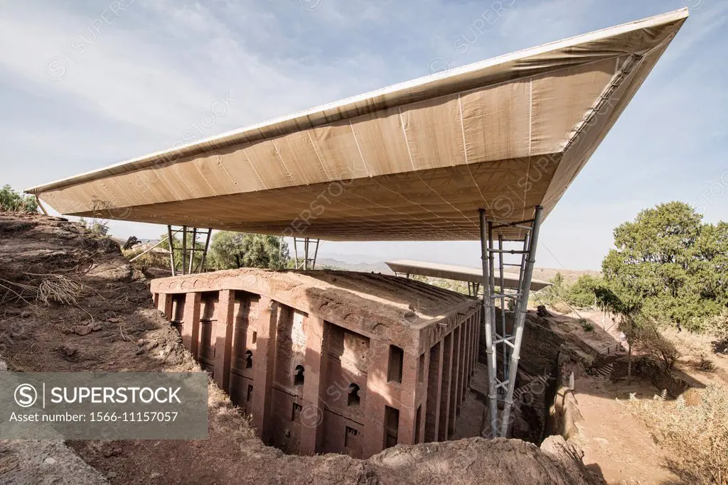 UNESCO support over the rock hewn church of Bet Medhane Alem in Lalibela, Ethiopia.