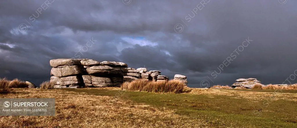 A Panoramic Landscape View Of Coombestone Tor,Near Hexworthy Between Ashburton And Princetown On Dartmoors Nati.