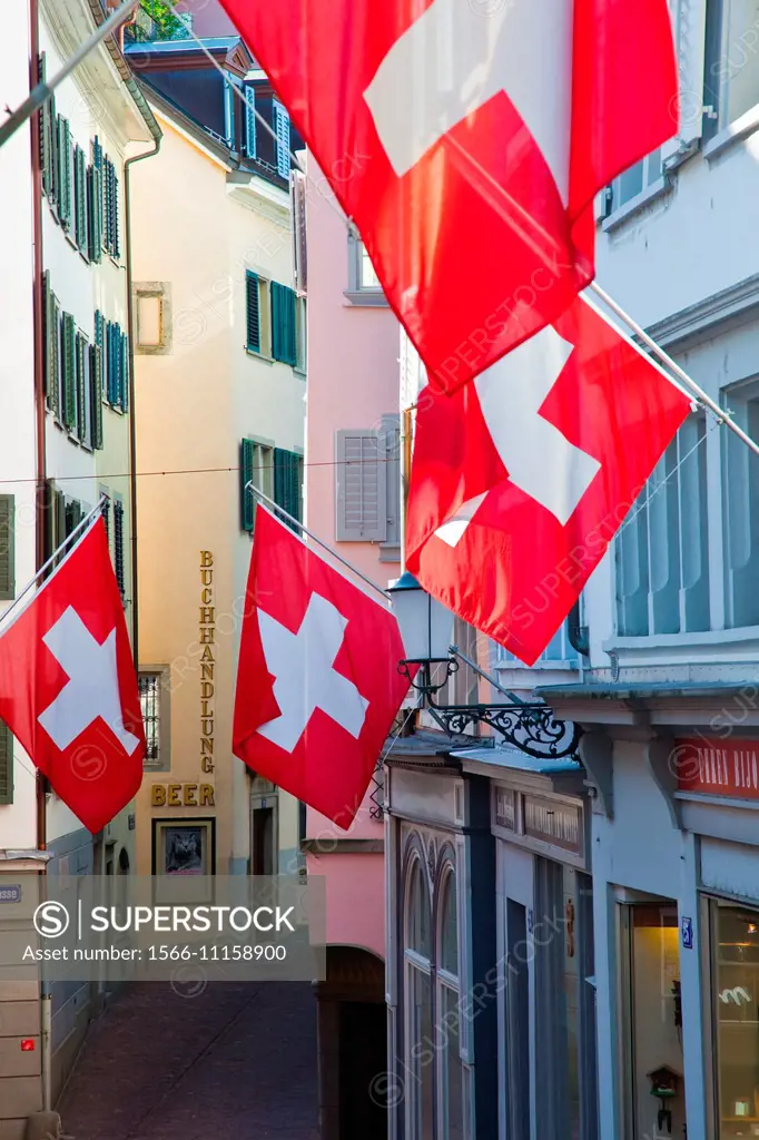 A decorative narrow street in Zurich, Switzerland.