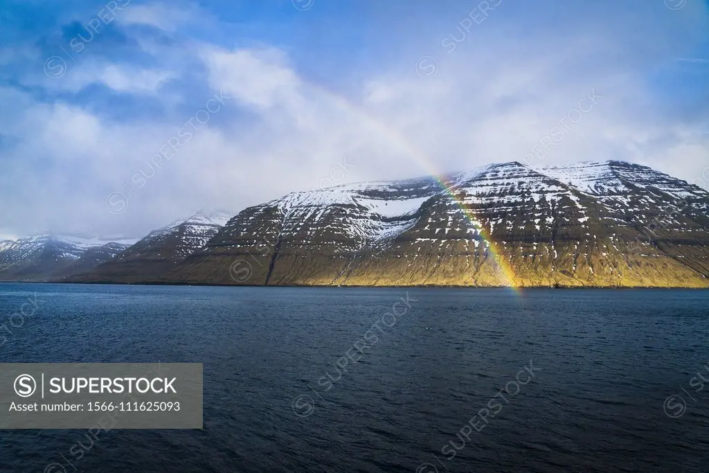 Rainbow over Kunoy Island, Nordoyar, Faroe Islands, Denmark.