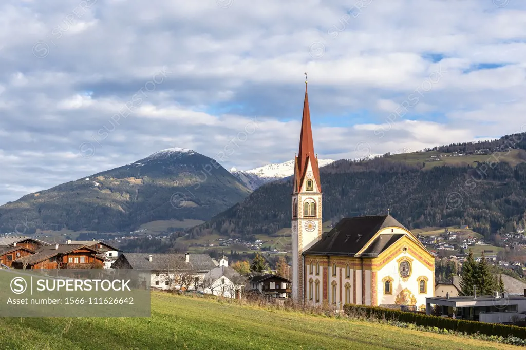 Church of Telfes in Stubaital. Europe, Austria, Stubaital, Tyrol, Telfes im Stubai, Innsbruck province.