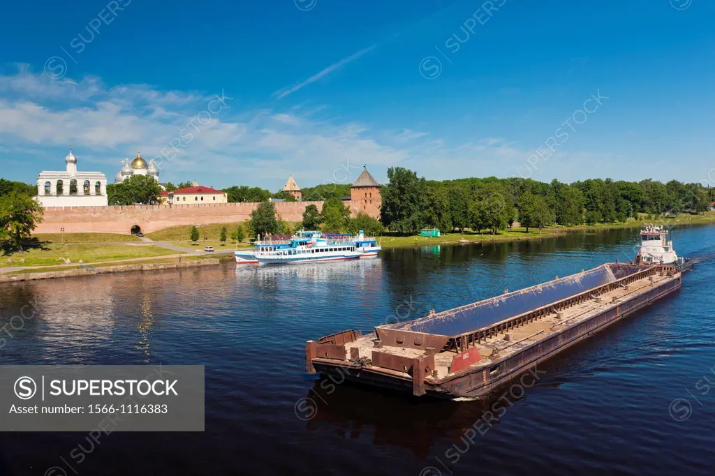 Russia, Novgorod Oblast, Veliky Novgorod, Novgorod Kremlin, elevated view from the Volkhov River with barges