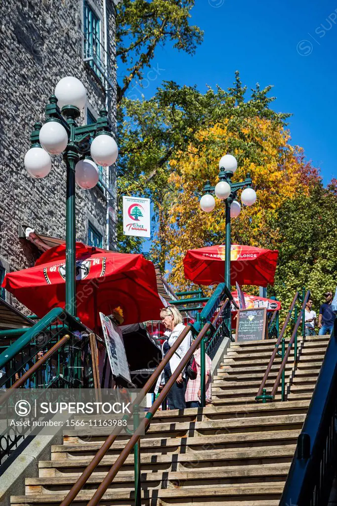A stairway between Upper Town and Lower Town in Old Quebec, Quebec City, Quebec, Canada.