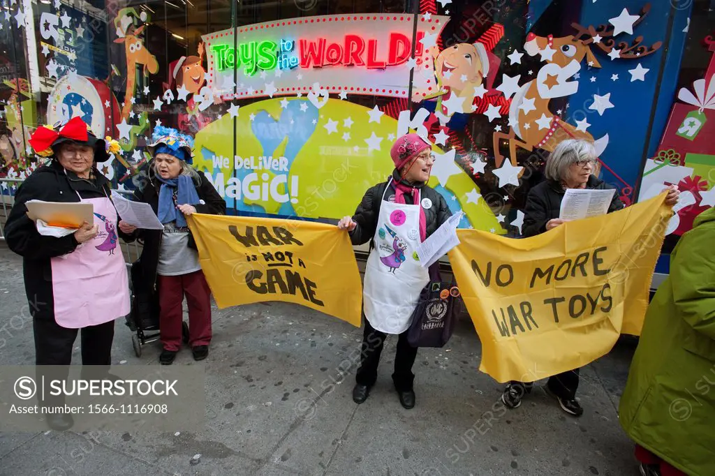 Members of the Granny Peace Brigade protest the manufacture and sale of violent toys in front of the Toys R Us in Times Square The Grannies are promot...