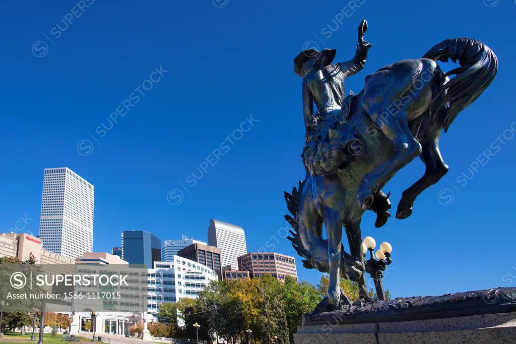 USA-Colorado-Denver City-Bronco Buster Sculpture at Civic Park and Downtown Skyline