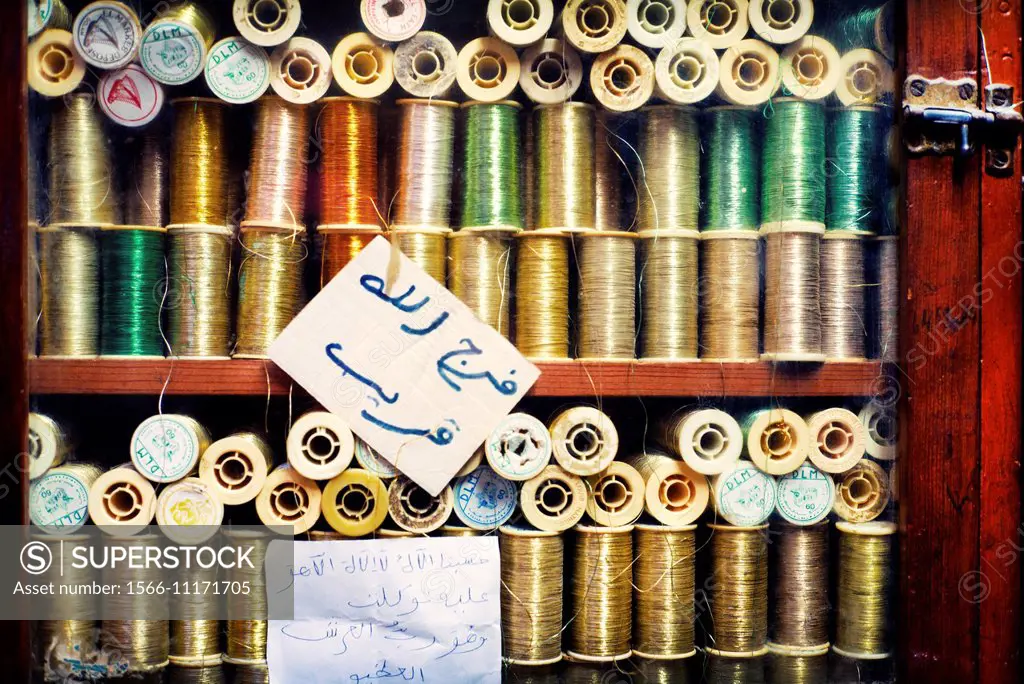 Embroidery threads metallics and different colors in a haberdashery in the Medina of Fez, Morocco, Africa