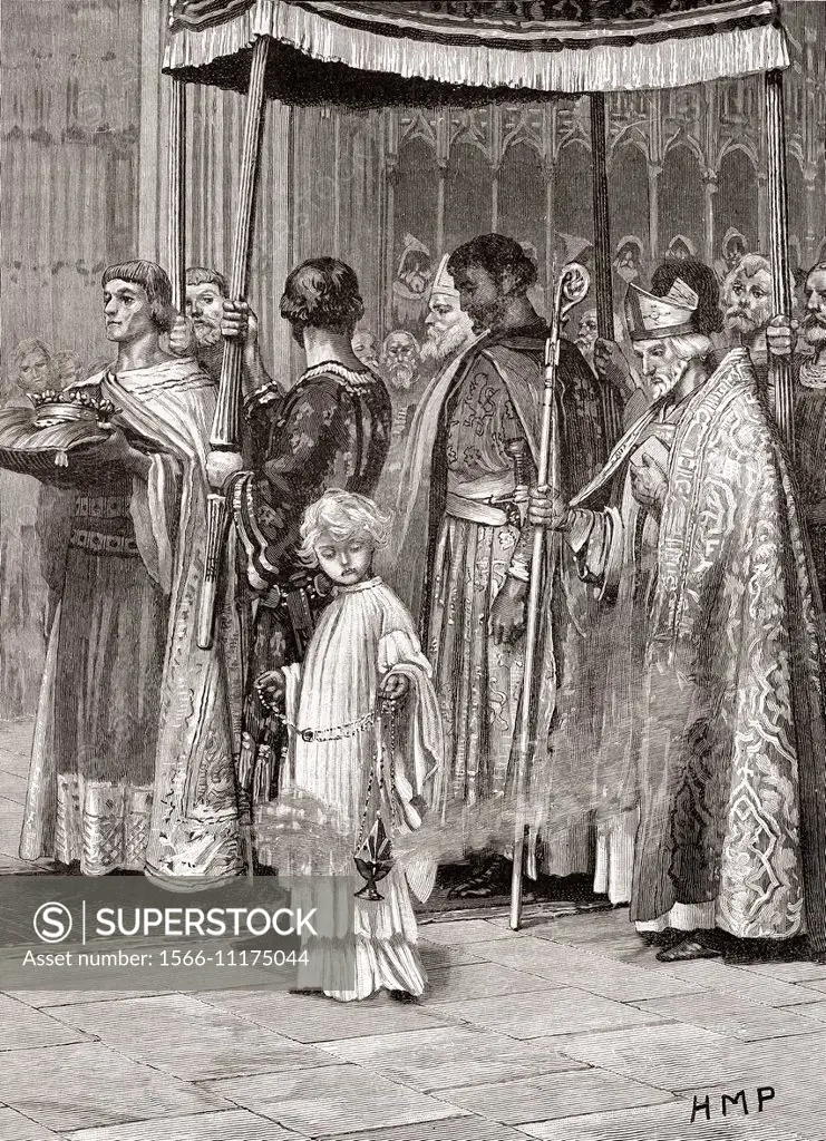 Coronation of King Richard I in 1189 in Westminster Abbey, London, England. Richard I, aka Richard Cœur de Lion, or Richard the Lionheart, 1157-1199. ...