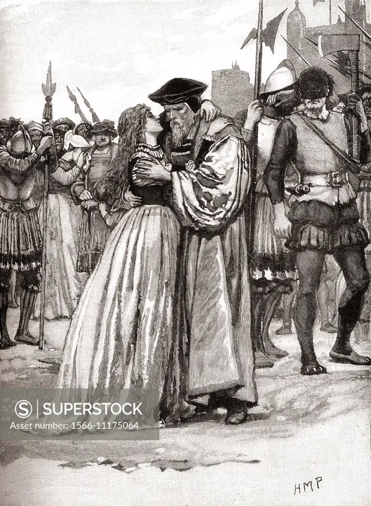 The parting of Sir Thomas More and his daughter before his execution for high treason, 6 July 1535. Sir Thomas More, 1478 - 1535, aka Saint Thomas Mor...