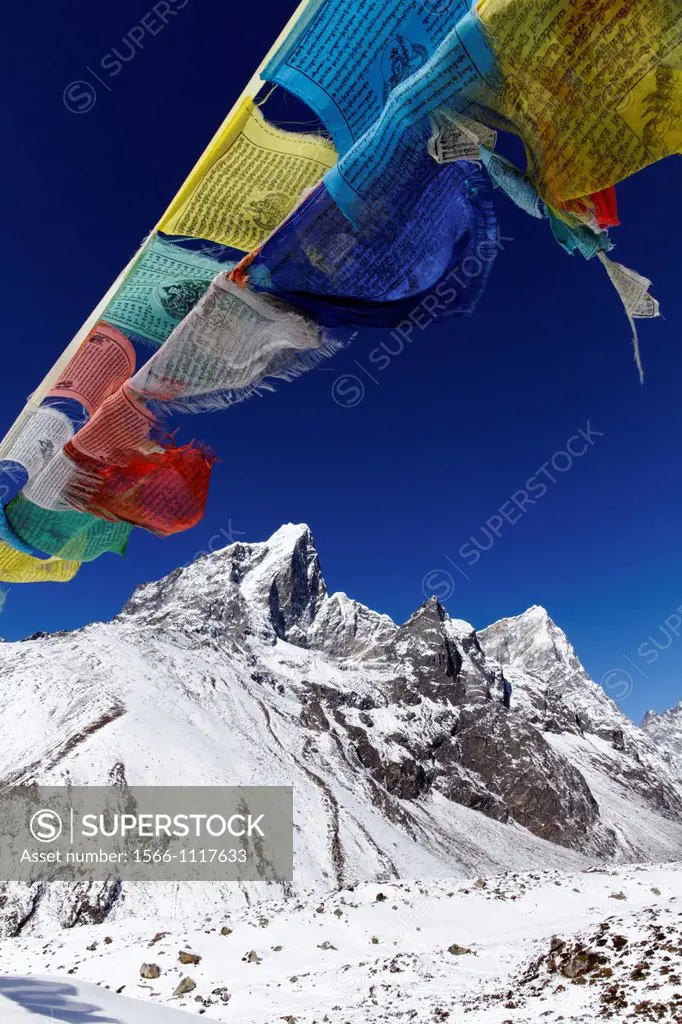 Prayer flags and snowy mountains, Everest Region, Nepal
