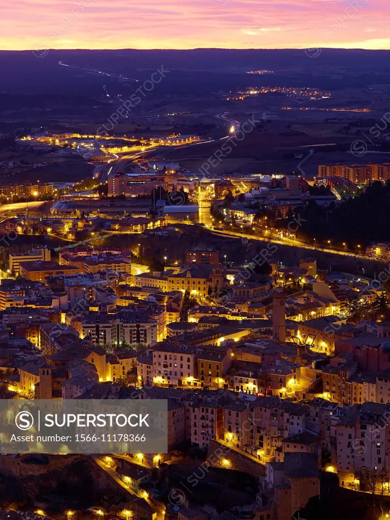 Aerial view of Cuenca at night. Cuenca. Spain.