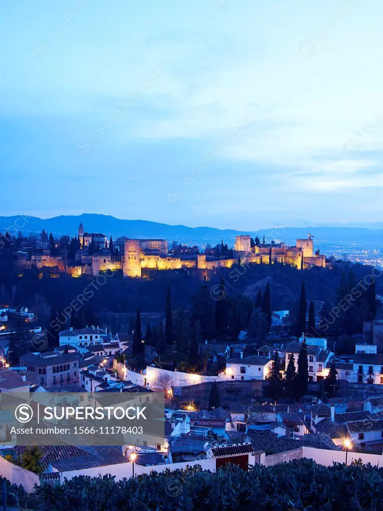 Night view of the Alhambra and Albaicin. Granada. Spain.