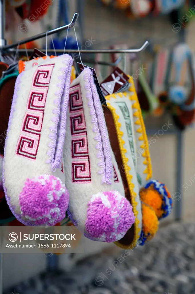 Pom Pom shoes at a souvenirs shop in Rhodes old Town, Rhodes, Greece