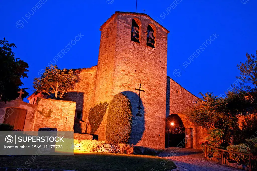 Church of Sant Cristofol at night, Tavertet, Osona, Catalonia, Spain