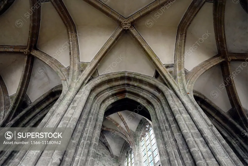 Looking up to the gothic ceiling of a church in Mont Saint Michel Monastery, Normandy, France.