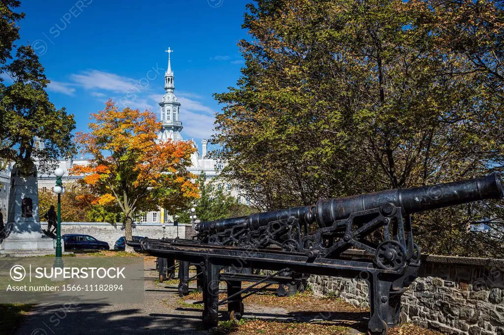 An historic park with canon armaments in Upper Town, Old Town Quebec, Quebec City, Quebec, Canada.