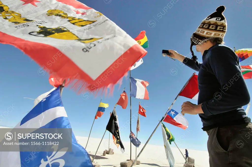 Flags. Salar de Uyuni (or Salar de Tunupa),the world´s largest salt flat at 10,582 square kilometers. It is located in the Potosí and Oruro department...
