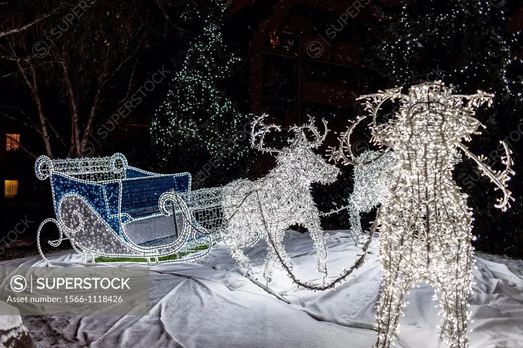 Illuminated reindeers pulling sleigh, Christmas time, Alsace, France