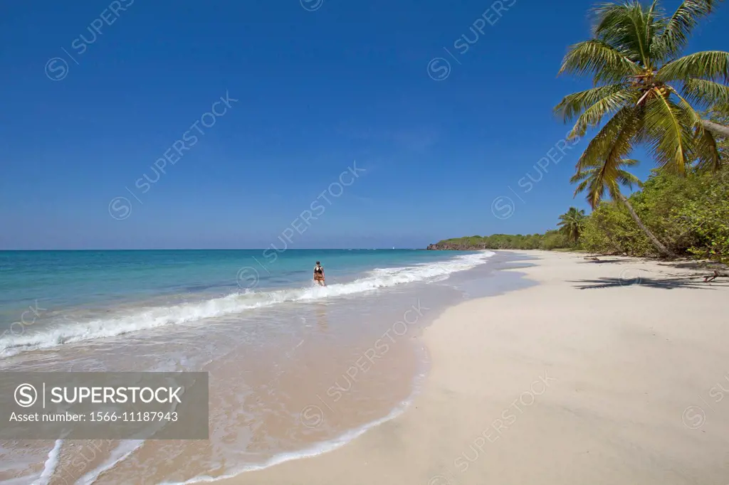 A female tourist in her 30´s igetting out of the water in a National Park along the ocean, with magnificient beaches, and a rocky landscapes.